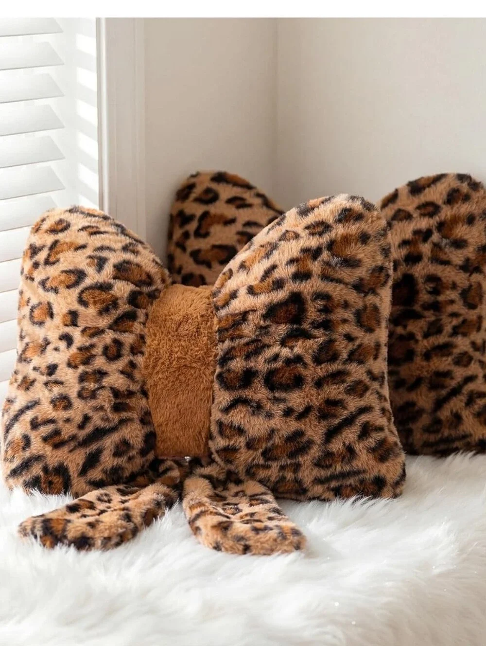 2 Leopard Print Bow Plush Pillows - Faux Fur Accent.